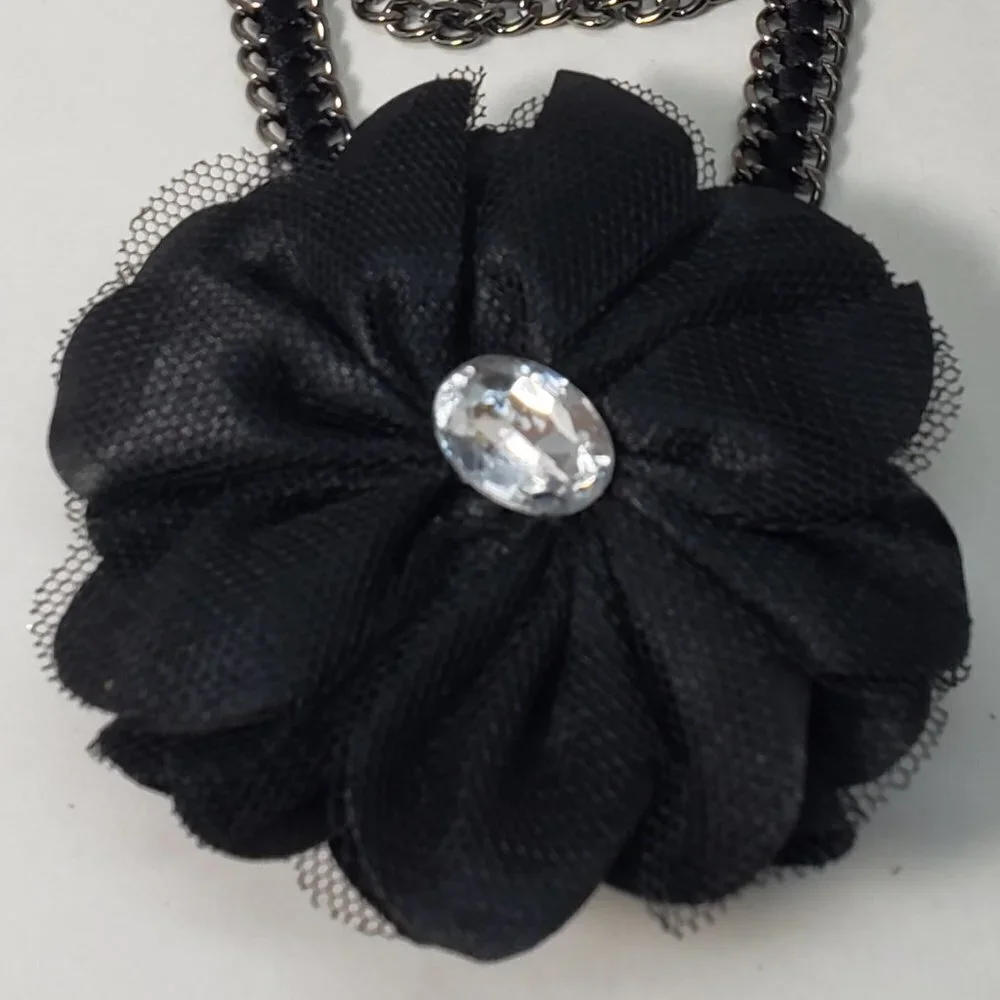 Polished Layered of Black Metal Crystal & Black Flower Design Brooch Necklace